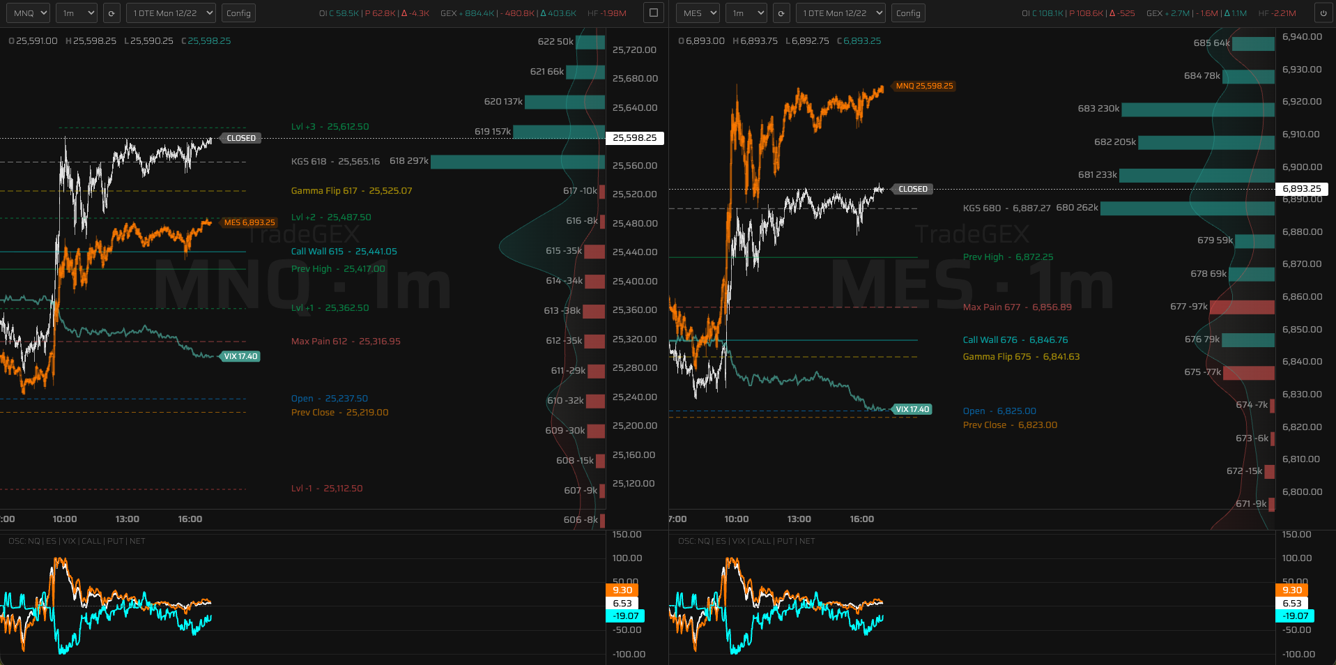 TradeGEX Dual Chart View - MNQ and MES side by side